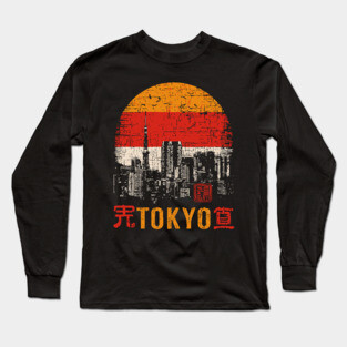 Tokyo Skyline Poster – Retro Cityscape in Japanese Woodblock Style Long Sleeve T-Shirt