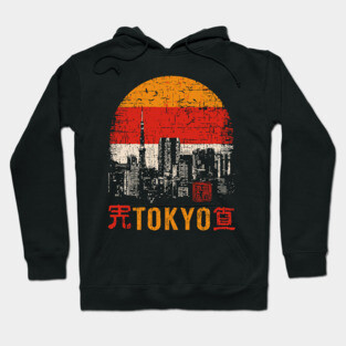 Tokyo Skyline Poster – Retro Cityscape in Japanese Woodblock Style Hoodie