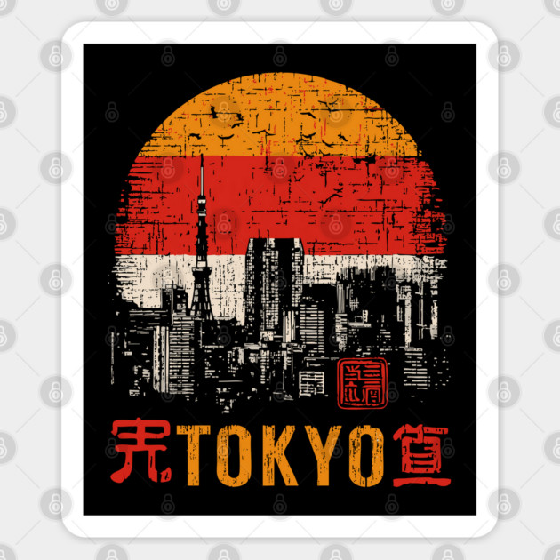 Tokyo Skyline Poster – Retro Cityscape in Japanese Woodblock Style Sticker by TuncGK