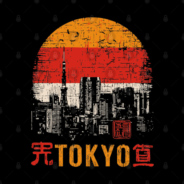 Tokyo Skyline Poster – Retro Cityscape in Japanese Woodblock Style by TuncGK
