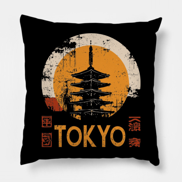 Tokyo Pagoda Travel Poster – Red Sun Japanese Vintage Style Pillow by TuncGK