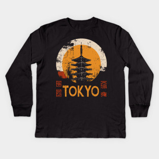 Tokyo Pagoda Travel Poster – Red Sun Japanese Vintage Style Kids Long Sleeve T-Shirt