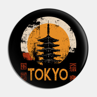 Tokyo Pagoda Travel Poster – Red Sun Japanese Vintage Style Pin