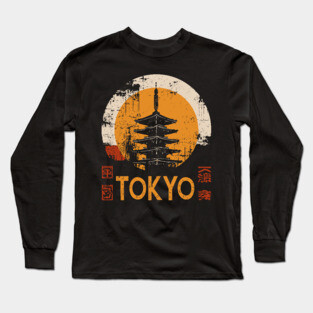 Tokyo Pagoda Travel Poster – Red Sun Japanese Vintage Style Long Sleeve T-Shirt