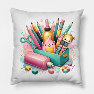 Colorful Writing and Craft Tools Illustration – Creative Stationery and Art Supplies Design Pillow