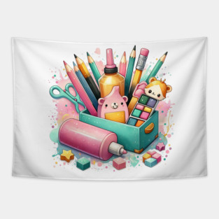 Colorful Writing and Craft Tools Illustration – Creative Stationery and Art Supplies Design Tapestry