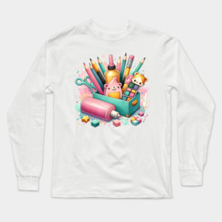 Colorful Writing and Craft Tools Illustration – Creative Stationery and Art Supplies Design Long Sleeve T-Shirt