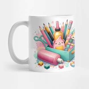 Colorful Writing and Craft Tools Illustration – Creative Stationery and Art Supplies Design Mug