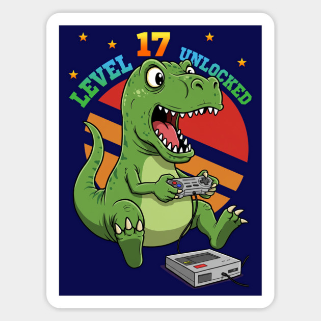Level 17 Unlocked, Birthday T-Rex Magnet by Megadorim