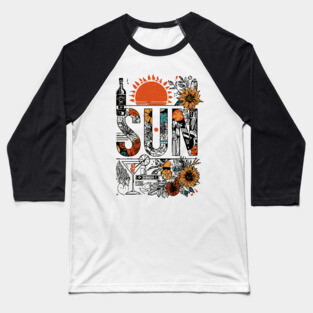 Retro Summer Design - "Sun" Typography Art Baseball T-Shirt