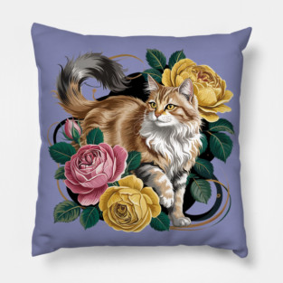 Vintage Botanical Long-Haired Cat and Roses Pillow