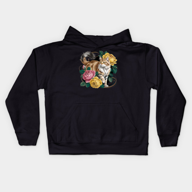 Vintage Botanical Long-Haired Cat and Roses Kids Hoodie by BirdsnStuff