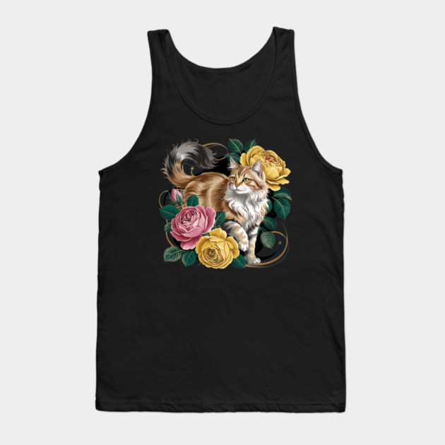 Vintage Botanical Long-Haired Cat and Roses Tank Top by BirdsnStuff