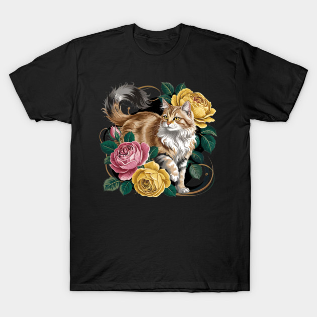 Vintage Botanical Long-Haired Cat and Roses T-Shirt by BirdsnStuff
