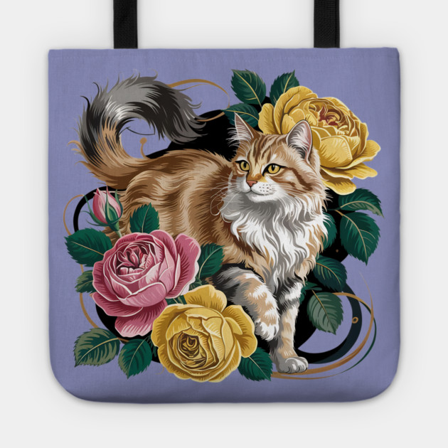 Vintage Botanical Long-Haired Cat and Roses Tote by BirdsnStuff