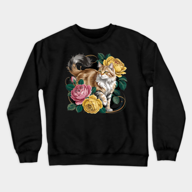 Vintage Botanical Long-Haired Cat and Roses Crewneck Sweatshirt by BirdsnStuff