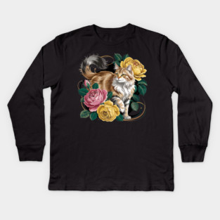 Vintage Botanical Long-Haired Cat and Roses Kids Long Sleeve T-Shirt