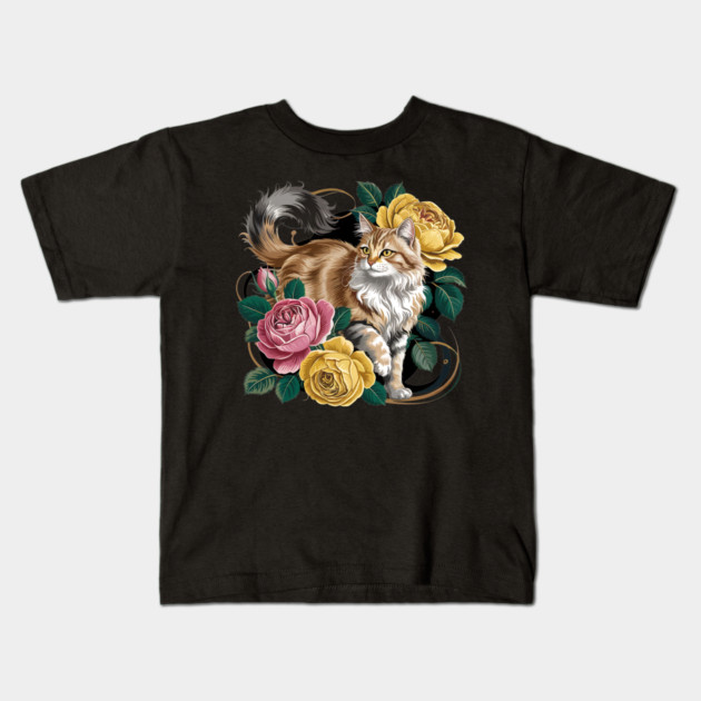 Vintage Botanical Long-Haired Cat and Roses Kids T-Shirt by BirdsnStuff