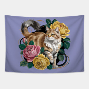 Vintage Botanical Long-Haired Cat and Roses Tapestry