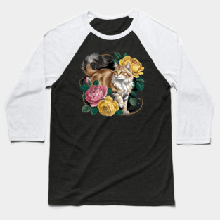 Vintage Botanical Long-Haired Cat and Roses Baseball T-Shirt