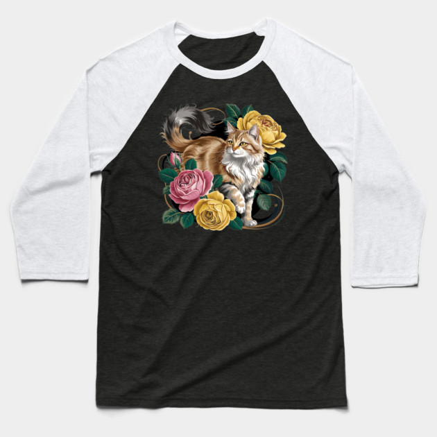 Vintage Botanical Long-Haired Cat and Roses Baseball T-Shirt by BirdsnStuff