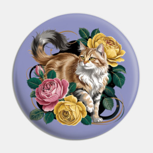 Vintage Botanical Long-Haired Cat and Roses Pin