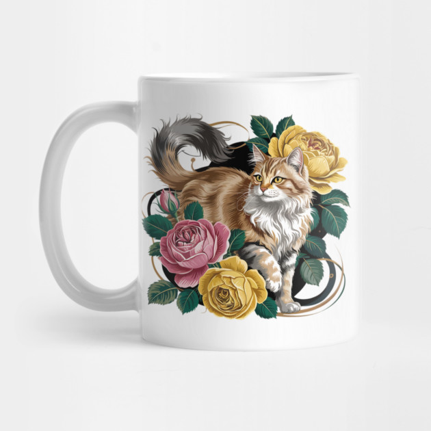 Vintage Botanical Long-Haired Cat and Roses by BirdsnStuff