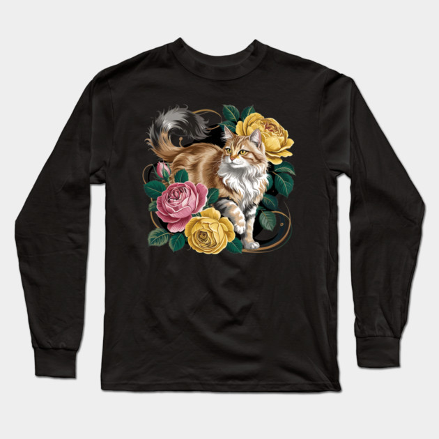 Vintage Botanical Long-Haired Cat and Roses Long Sleeve T-Shirt by BirdsnStuff