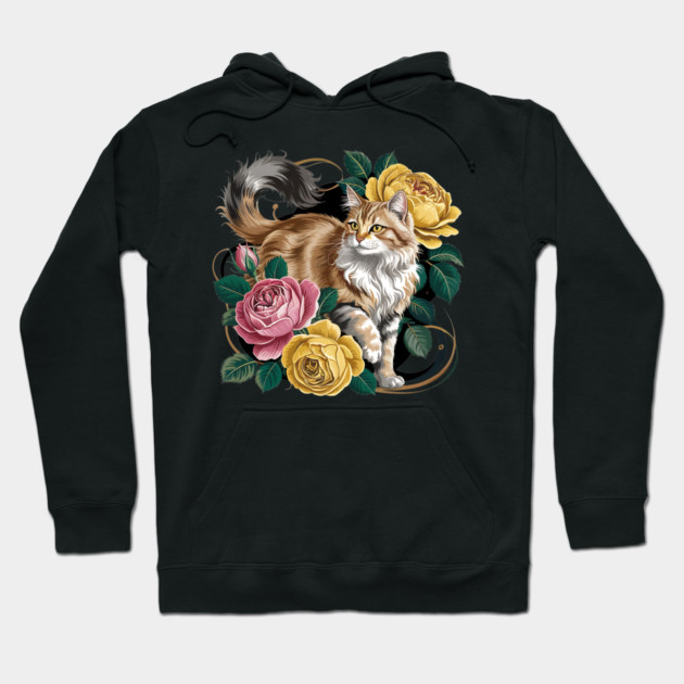 Vintage Botanical Long-Haired Cat and Roses Hoodie by BirdsnStuff