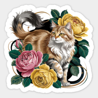 Vintage Botanical Long-Haired Cat and Roses Magnet