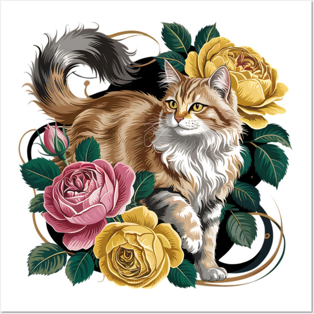 Vintage Botanical Long-Haired Cat and Roses Wall Art by BirdsnStuff