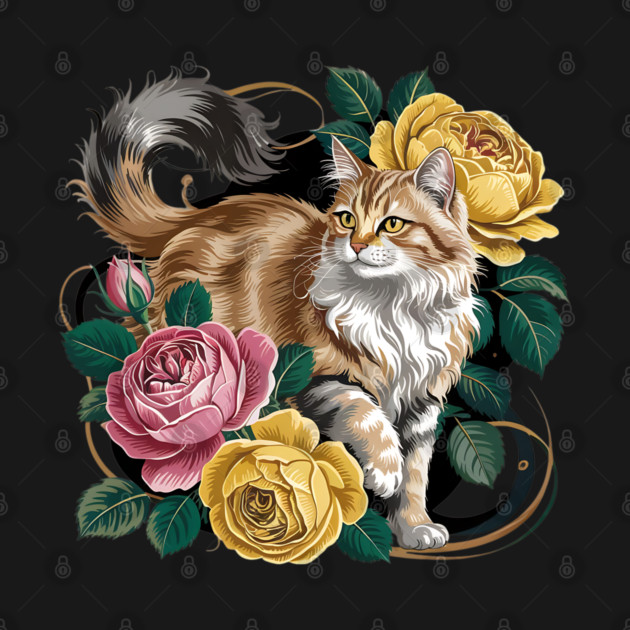Vintage Botanical Long-Haired Cat and Roses by BirdsnStuff