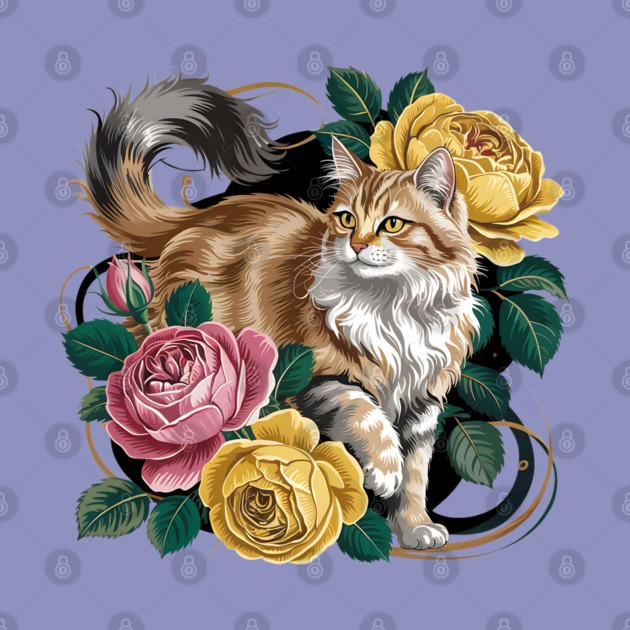 Vintage Botanical Long-Haired Cat and Roses by BirdsnStuff