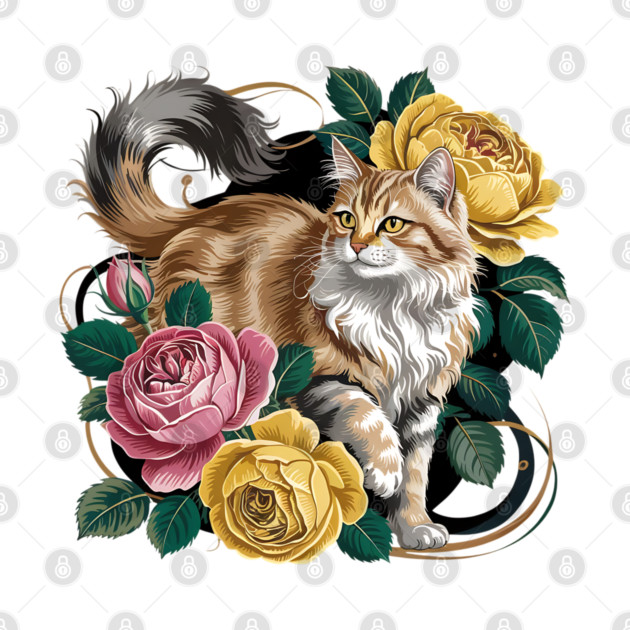 Vintage Botanical Long-Haired Cat and Roses by BirdsnStuff