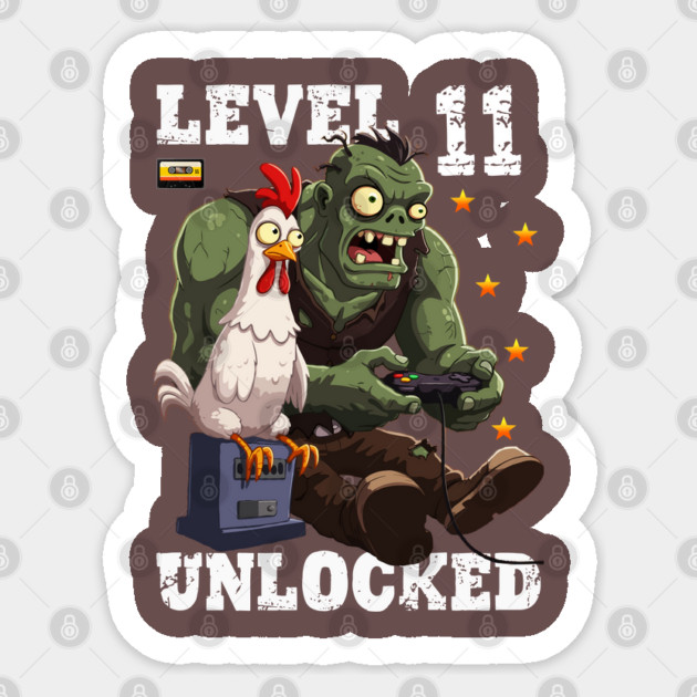 Level 11 Unlocked, Birthday - Zombie And Chicken Sticker by Megadorim