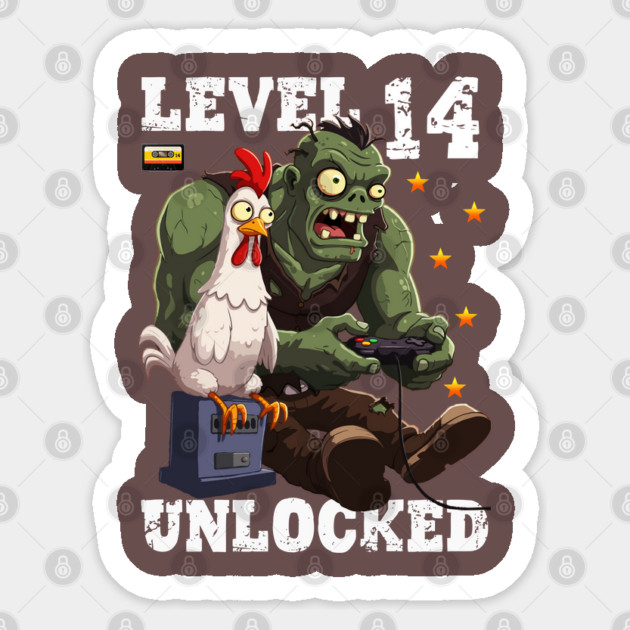Level 14 Unlocked, Birthday - Zombie And Chicken Sticker by Megadorim