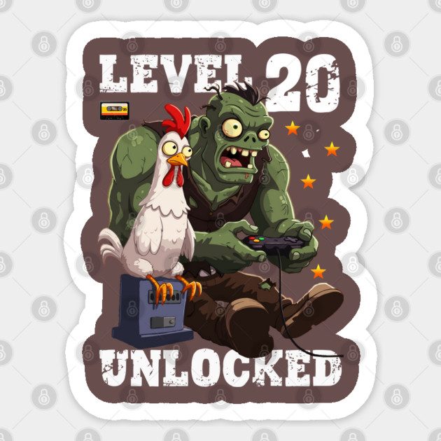 Level 20 Unlocked, Birthday - Zombie And Chicken Sticker by Megadorim
