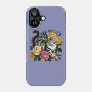 Vintage Botanical Grey and Black Cat with Roses Phone Case