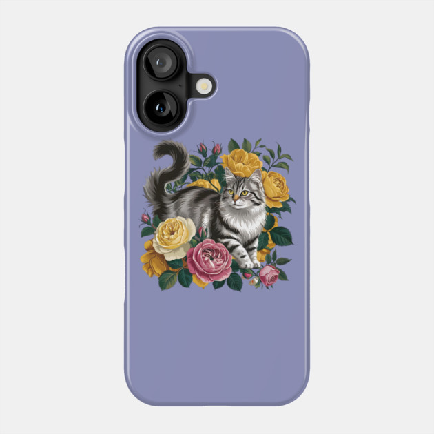 Vintage Botanical Grey and Black Cat with Roses Phone Case by BirdsnStuff