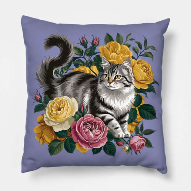 Vintage Botanical Grey and Black Cat with Roses Pillow by BirdsnStuff