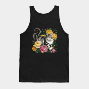 Vintage Botanical Grey and Black Cat with Roses Tank Top
