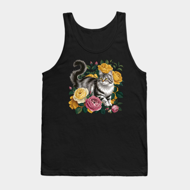 Vintage Botanical Grey and Black Cat with Roses Tank Top by BirdsnStuff