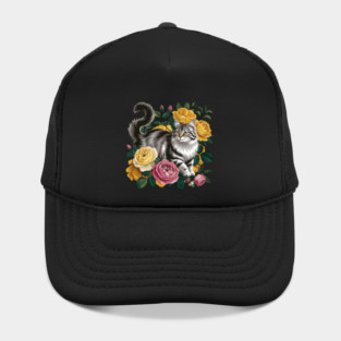 Vintage Botanical Grey and Black Cat with Roses Hat