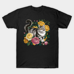 Vintage Botanical Grey and Black Cat with Roses T-Shirt