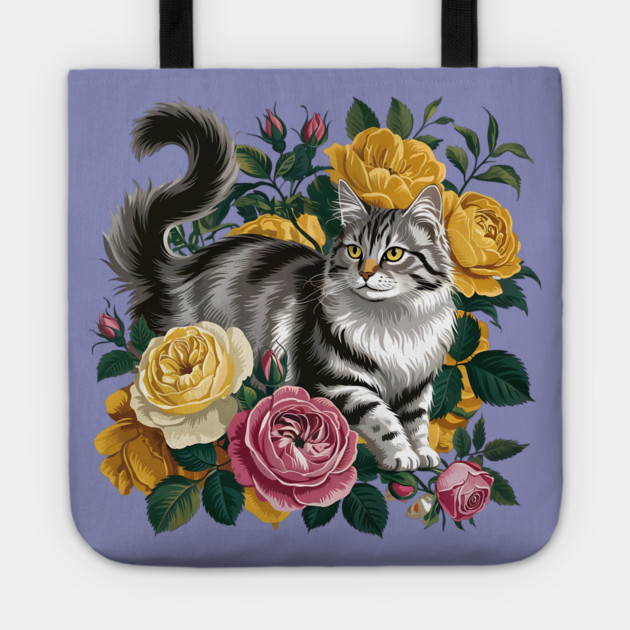Vintage Botanical Grey and Black Cat with Roses Tote by BirdsnStuff