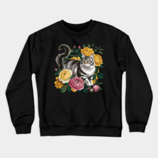 Vintage Botanical Grey and Black Cat with Roses Crewneck Sweatshirt