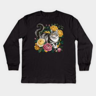 Vintage Botanical Grey and Black Cat with Roses Kids Long Sleeve T-Shirt