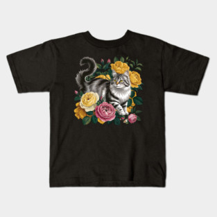 Vintage Botanical Grey and Black Cat with Roses Kids T-Shirt