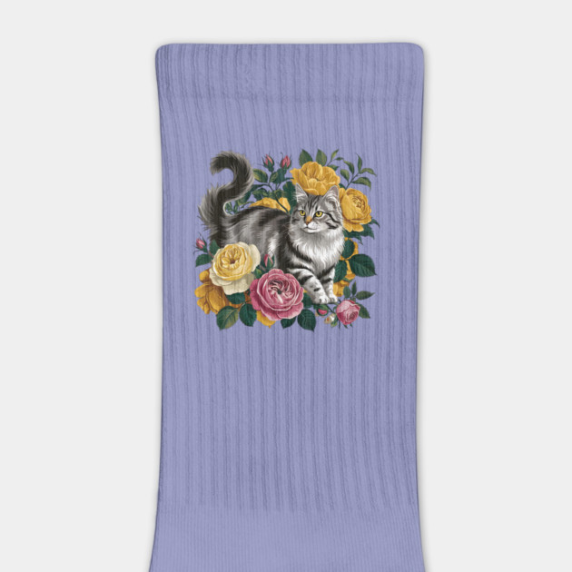 Vintage Botanical Grey and Black Cat with Roses by BirdsnStuff