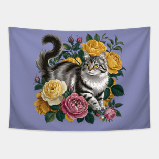 Vintage Botanical Grey and Black Cat with Roses Tapestry